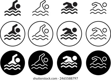 Set of black Swimmer icons. Swim icons page symbols for your web site designs. Concept of swimming pool, summer competition and more in trendy flat style with editable stock on transparent background.