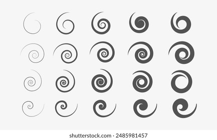 Set of Black Swirl icons.  Vortex. Whirlpool or hilix infographic elements. Vector 