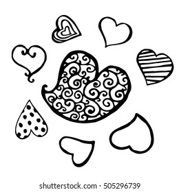 Set of black swirly striped dotted heart sketch isolated. Hand drawn vector illustration