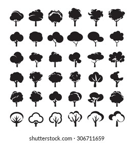 Set of Black Symbol Trees. Vector icons for web. Floral elements.