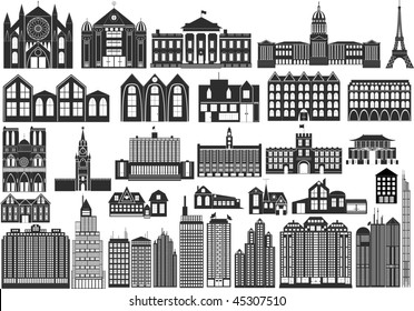 Set of black symbols of buildings, including famous