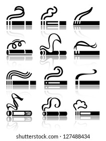 The set of black symbols cigarettes. Silhouettes of vector illustrations isolated on white background, with reflection.