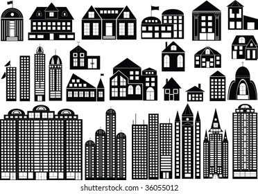 Set of black symbols of different buildings