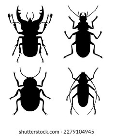 Set of black symmetrical silhouettes of beetles, top view, vector. isolated on white background. Stag beetle, barbel beetle, leaf beetle, ground beetles.