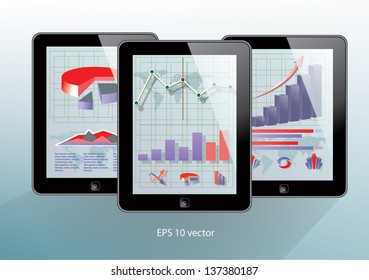 Conjunto de equipos de tableta negra. con aplicaciones empresariales en pantallas. Ilustración vectorial.