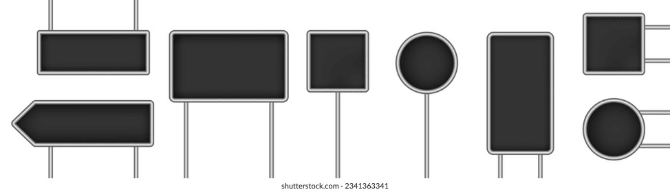 Set of black tablets, hanging panels, signboards with pointer isolated on a transparent background. Round and square signposts. 3D metal roadside pointers. Blank billboard