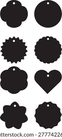 Set of black tags, silhouettes, various shapes, round, heart, flower, star, circle, holes, blank.