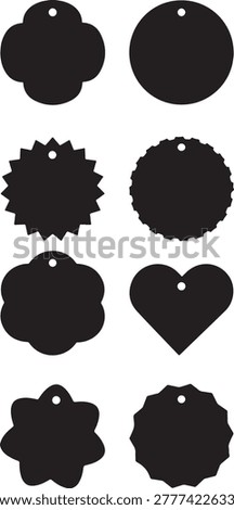 Set of black tags, silhouettes, various shapes, round, heart, flower, star, circle, holes, blank. Foto stock © 