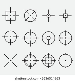 Set of black target pointer or crosshair icons in flat line style. Perfect for UI design, shooting games, aim indicators, and graphic elements.
