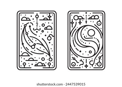 Set of black Tarot cards. Magic set of cards. Engraved cards vector illustration. Cards isolated on a white background in a minimalist single line style