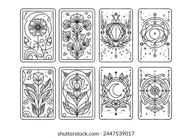 Juego de cartas de Tarot negro. Juego mágico de cartas. Ilustración vectorial de tarjetas grabadas. Tarjetas aisladas sobre un fondo blanco en un estilo minimalista de una sola línea