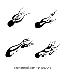 set of black tattoos in the form of tongues of fire on a white background