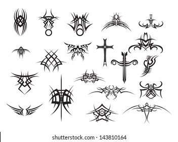 set of black tattoos on white background