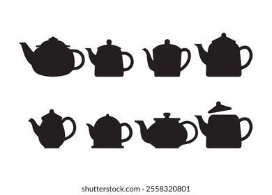 Set of black teapot silhouettes isolated on white background