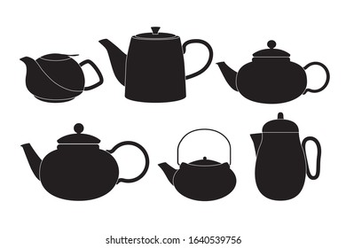 Set of black teapots for tea and hot drinks icons on isolate white background. Vector silhouette for advertising banners, business cards, packaging.