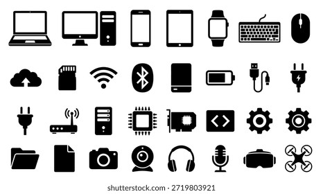 Schwarze Computersymbole, die verschiedene digitale Geräte, elektronische Geräte, Hardware und Konnektivitätssymbole in einem einfachen minimalistischen Glyphenstil darstellen
