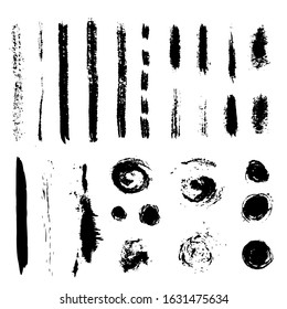Set of black tempera brush strokes, lines, circles. Vector hand drawings with design elements for posters, logos, brushes, advertising, templates, patterns, banners, icons. White isolated background. 