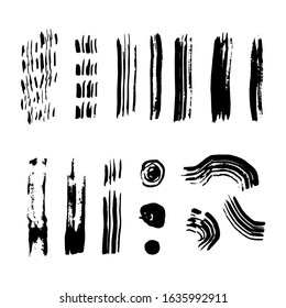 Set of black tempera brush strokes, lines, circles. Vector hand drawings with design elements for posters, logos, brushes, advertising, templates, patterns, banners, icons. White isolated background. 