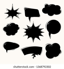 Set of black template in Pop Art style. Vector Comic Speech Bubble. Empty Cloud of Comics book dialog Space for Cartoon Box pop-art on white backgriund