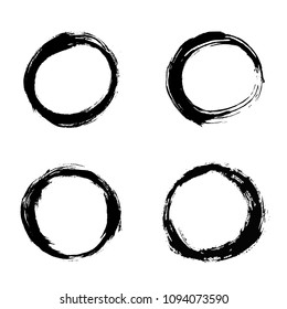 Set black texture brush circle made with ink. Vector illustration, dirty, grunge artistic design elements or frame.