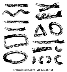 Set of black texture brush strokes, underlines, notes, circles, triangles.Vector illustration on isolated white background