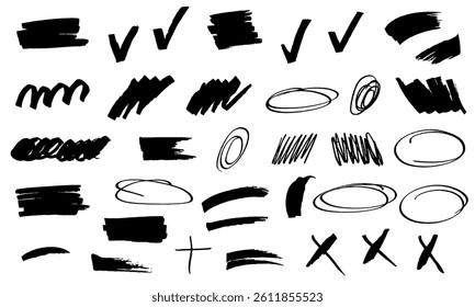 A set of black texture brushes on a white background. Hand-drawn sketches of doodles, brush strokes, frames, crosses, and checkmarks. Abstract vector brushes drawn with pencil, marker, acrylic.