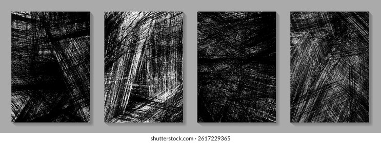 Set of black texture overlay with brush strokes for background. Overlay texture backdrop. Grunge hand drawn vector illustrations.