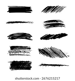 Conjunto de pinceladas con textura negra y garabatos de lápiz. Elementos de Vector para diseño, fondos, decoración, ilustraciones, Anuncios y gráficos