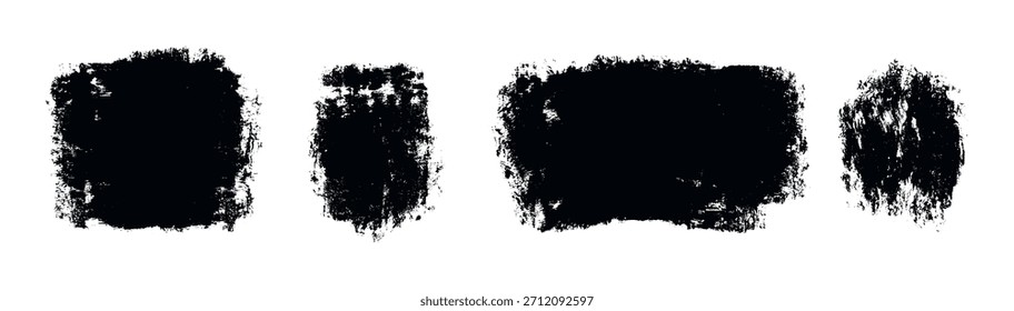 Conjunto de pinceladas con textura negra y marcas de pintura para superposiciones gráficas, composiciones abstractas y fondos afligidos.
