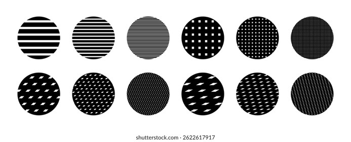 Set of black textured round shapes. Striped or latticed circle forms isolated on white background. Minimalistic design elements. Vector graphic illustration.