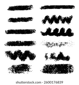 Set of black textured strokes on white background. Vector texture brushes