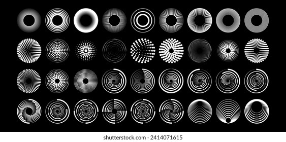 Set black thick halftone dashed speed lines. Design element for frame, logo, tattoo, web pages, prints, posters, template. Velocity lines in the shape of a circle. Abstract vector background. svg