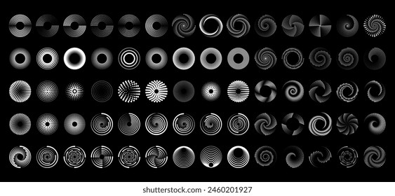 Set black thick halftone dashed speed lines. Design element for frame, logo, tattoo, web pages, prints, posters, template. Velocity lines in the shape of a circle. Abstract vector background.