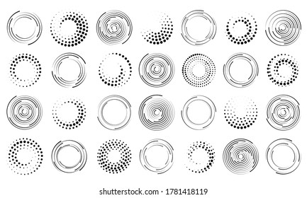 Set of black thick halftone dotted speed lines. Speed lines in circle form. Geometric art. Design element for frame, logo, tattoo, web pages, prints, posters, template, abstract vector background.