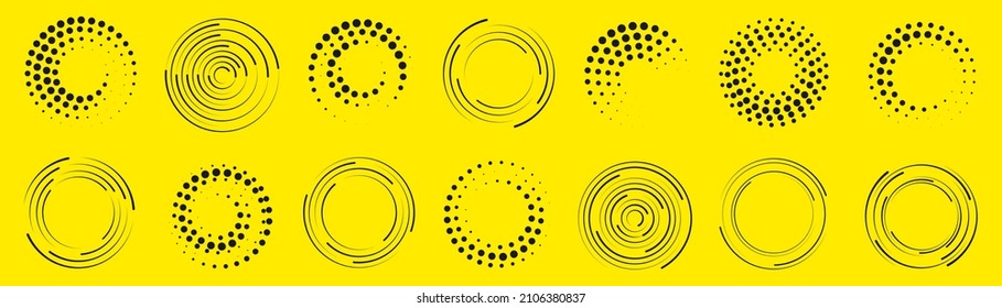 Set of black thick halftone dotted circle speed lines. Design element for frame, tattoo, web pages, prints, posters, template. Technology round Logo. Abstract geometric shape motion. Sunburst. Vector.