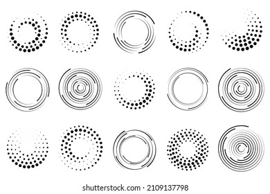 Set of black thick halftone dotted circle speed lines. Design element for frame, tattoo, web pages, prints, posters, template. Technology round Logo. Abstract geometric shape motion. Sunburst. Vector.