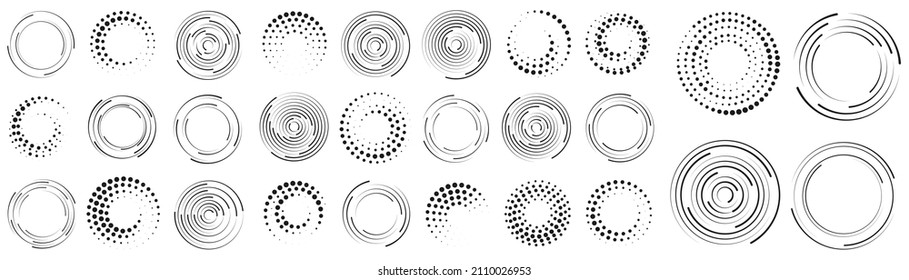 Set of black thick halftone dotted circle speed lines. Abstract geometric shape motion. Design element for frame, tattoo, web pages, prints, posters, template. Technology round Logo. Sunburst. Vector.