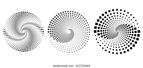 Set of black thick halftone dotted speed lines. Speed lines in circle form. Geometric art. Design element for frame, logo, tattoo, web pages, prints, posters, template, abstract vector background.