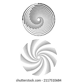 Set of black thick halftone dotted speed lines. Speed lines in circle form. Geometric art. Design element for frame, logo, tattoo, web pages, prints, posters, template, abstract vector background.