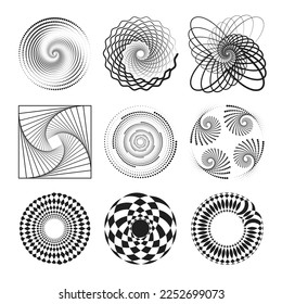 Set of black thick halftone dotted speed lines, on the White Background. Speed lines in circle form. Geometric art. Design element for template, abstract vector background.