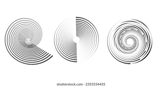 Set of black thick halftone dotted circle speed lines. Abstract geometric shape motion. Design element for frame, tattoo, web pages, prints, posters, template. Technology round Logo.