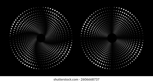 Set of black thick halftone dotted speed lines. Speed lines in circle form. Geometric art. Design element for frame, logo, tattoo, web pages, prints, posters, template, abstract vector background.
