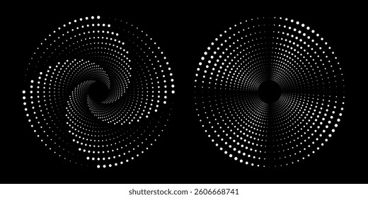 Set of black thick halftone dotted speed lines. Speed lines in circle form. Geometric art. Design element for frame, logo, tattoo, web pages, prints, posters, template, abstract vector background.