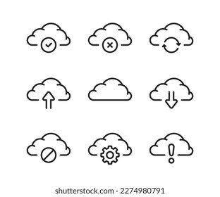 set of black thin line cloud computing icon. lineart simple trend modern collection logotype graphic stroke design element isolated on white. concept of mobile setting for communication or data badge