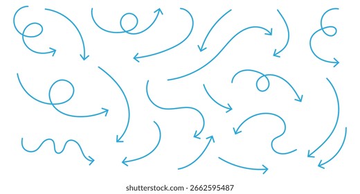 set of black thin line curve arrow. hand drawn direction arrow vector illustration.
