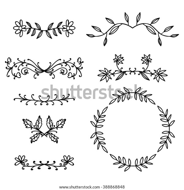 Set of black thin line doodle floral\
elements with branches and leaves isolated on white background.\
Floral round frame, wreath, deviders with flowers, calligraphic\
shapes.   Vector\
illustration.