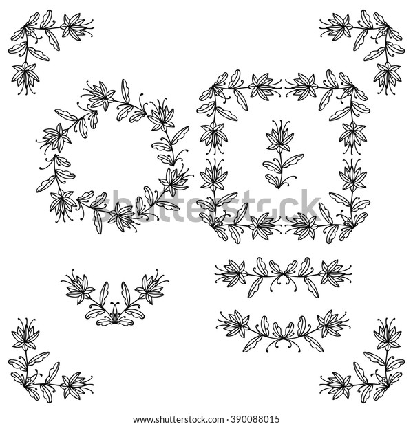 Set of black thin line doodle floral\
elements with flowers, branches and leaves isolated on white\
background. Vector\
illustration.