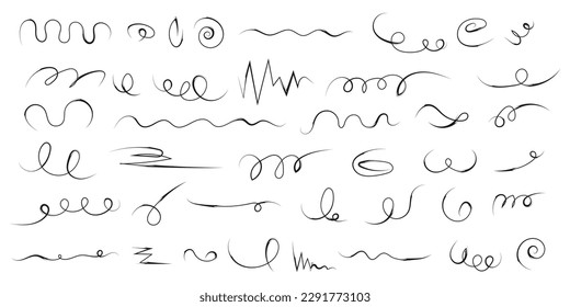 Set von schwarzen dünnen Linien Doodles für Design. Modeklemmen. Vektorgrafik einzeln auf weißem Hintergrund.