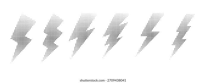 Conjunto de Formas Thunderbolt negro con semitono, ruido o textura granulada aislado sobre fondo blanco. Siluetas de rayos punteados en estilo manga. Vector ilustraciones gráficas.