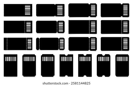 Set of black ticket mockups with white bar codes, ruffle edges and shadows. Empty template. Concert, movie or theater ticket. Boarding blank, lottery, sale coupon	